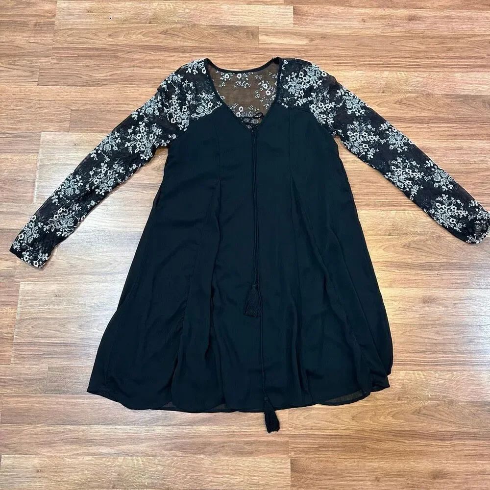 Maurices Dress Black with Lacy Floral Arms | Women Size Medium